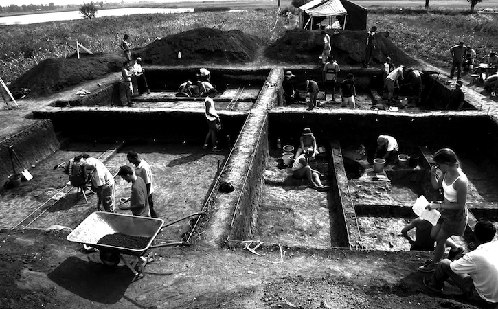 black and white arial photo of digging site