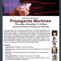 purple border on white background with text describing the UC Berkeley event titled Propaganda in the Machine