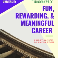 flyer in purple and gold with text and building image