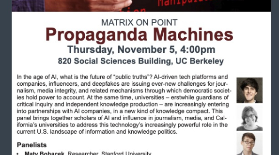 purple border on white background with text describing the UC Berkeley event titled Propaganda in the Machine